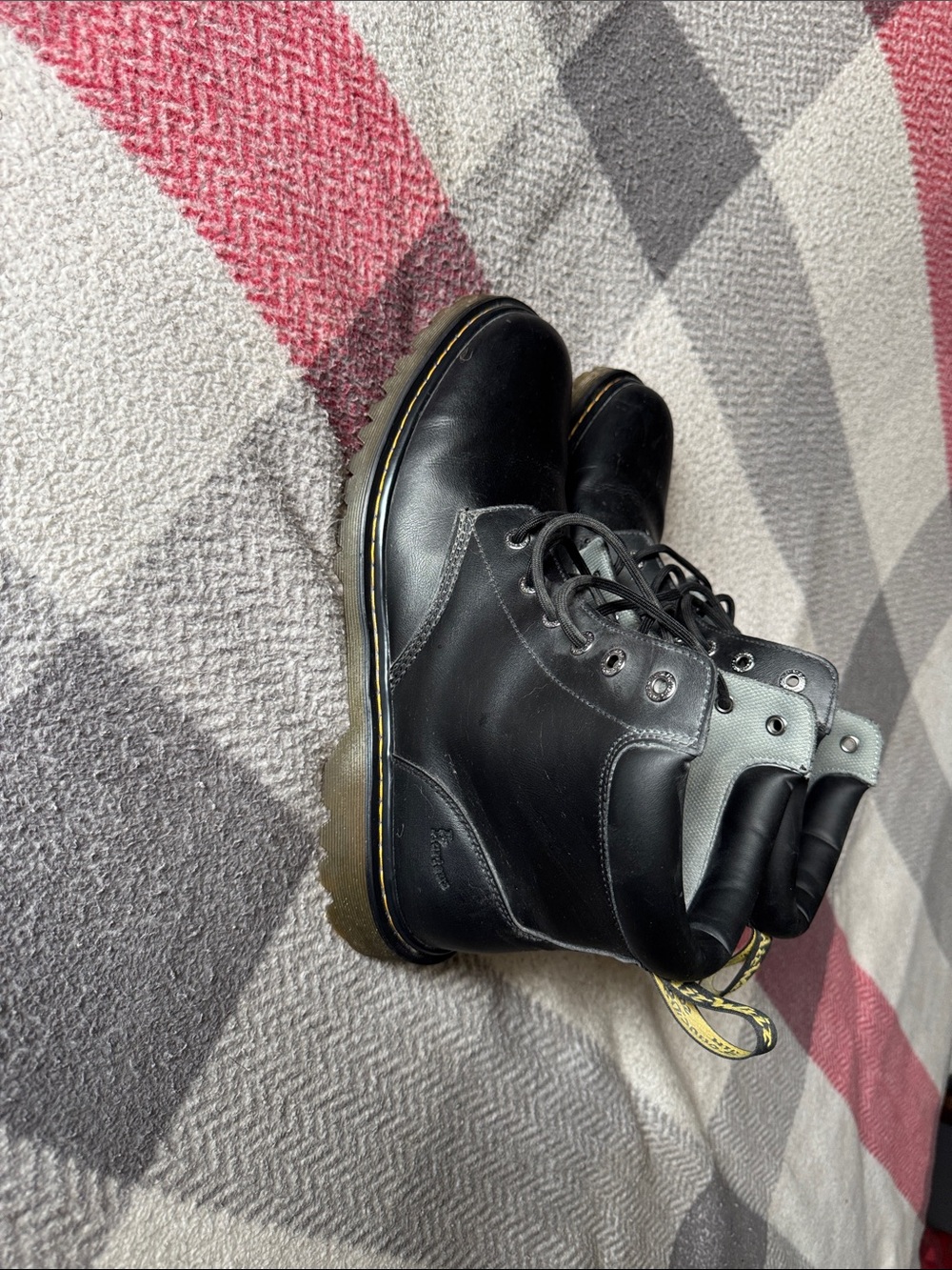 Dr. Martens Black Leather Lace-Up Ankle Boots with Yellow Stitching